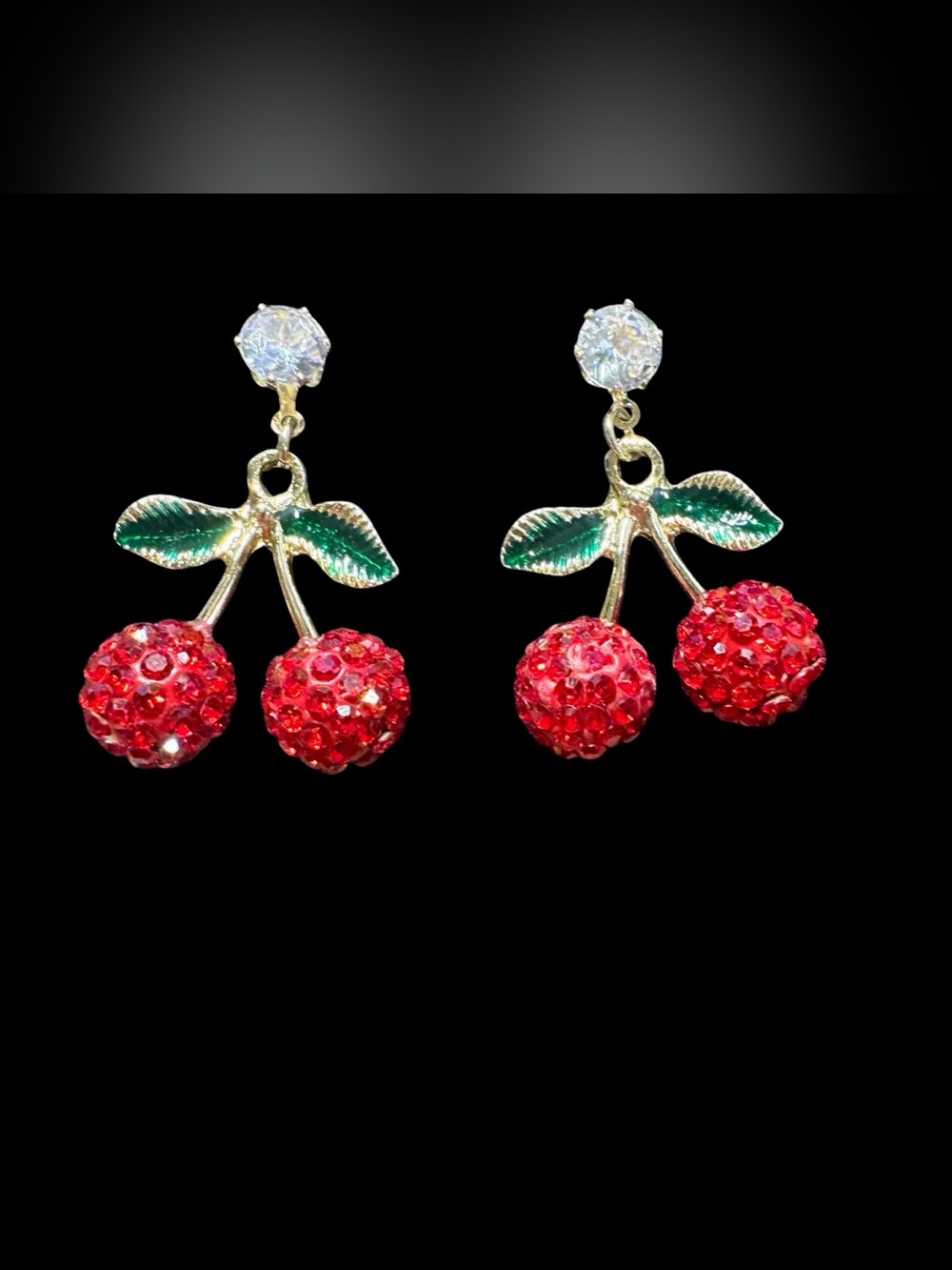 Red Cherry Dangle Earrings - Gold Tone